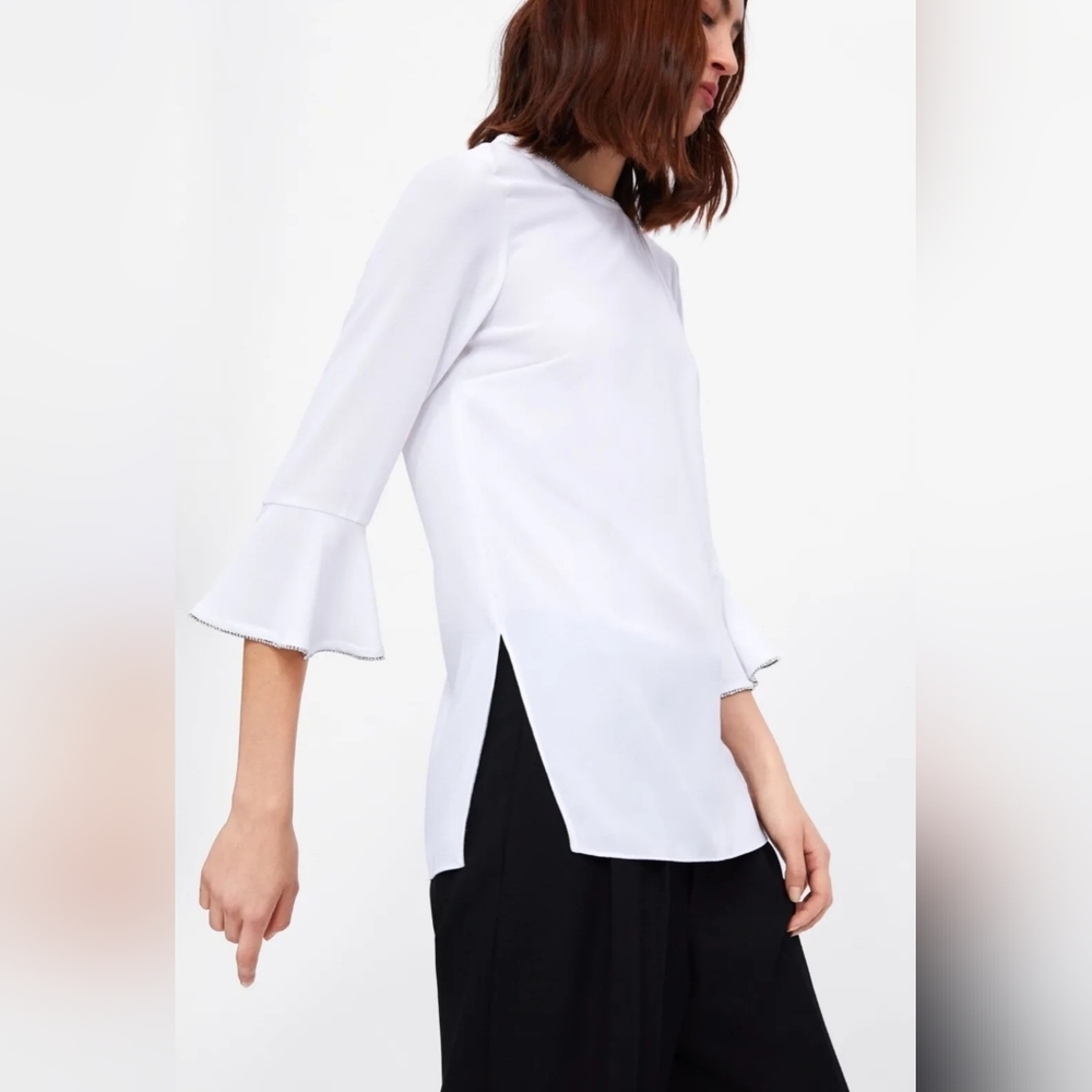Zara White Top M Medium Flare Sleeve Rhinestones Minimalist Dressy Glam Tunic - Picture 4 of 16